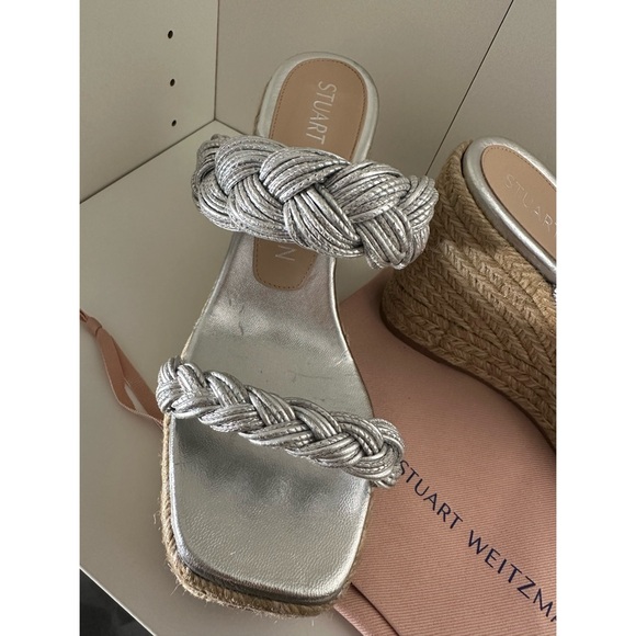 STUART WEITZMAN BRAIDA ESPADRILLE SLIDE SANDALS LIQUID METALLIC SILVER NIB 7.5 - Picture 4 of 11